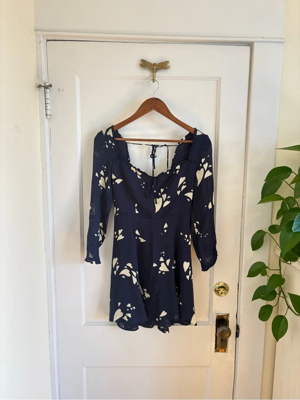 REFORMATION Remi Long Sleeved Mini Dress Navy Heart Pattern Sheer Sleeves Size 2